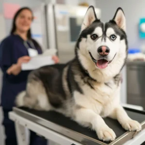 Husky pésée chez le vétérinaire